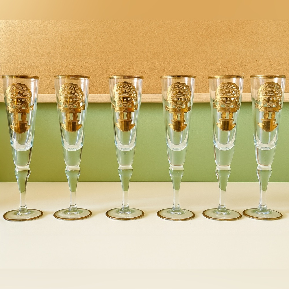Vintage Peruvian Champagne Flutes Set of 6 | Inka Gold Motif Imported from Peru